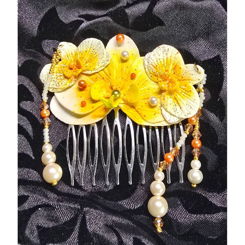 Crafted Glass Beaded Yellow White Asian Inspire Orchid Hair Comb Carnelian Style